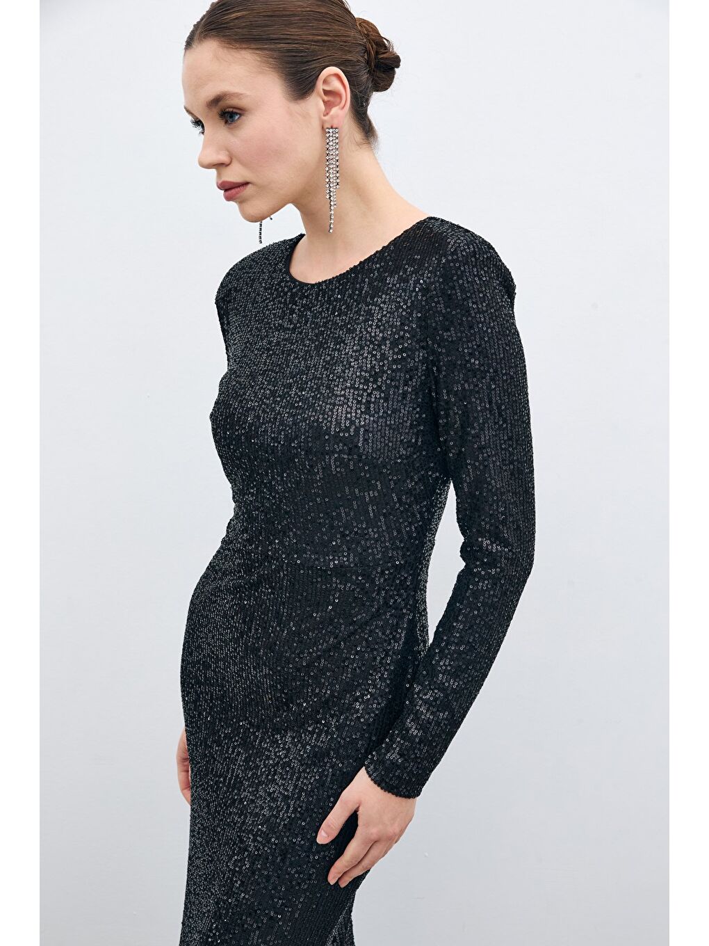 Sırt Dekolteli Payet Elbise - Siyah-5