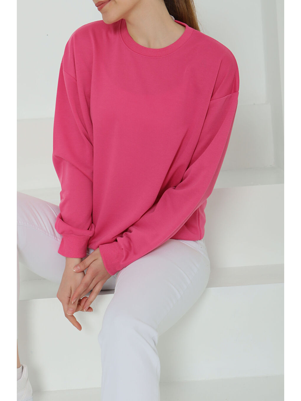 Kadın Bisiklet Yaka Oversize Sweatshirt Fuşya - 26567
