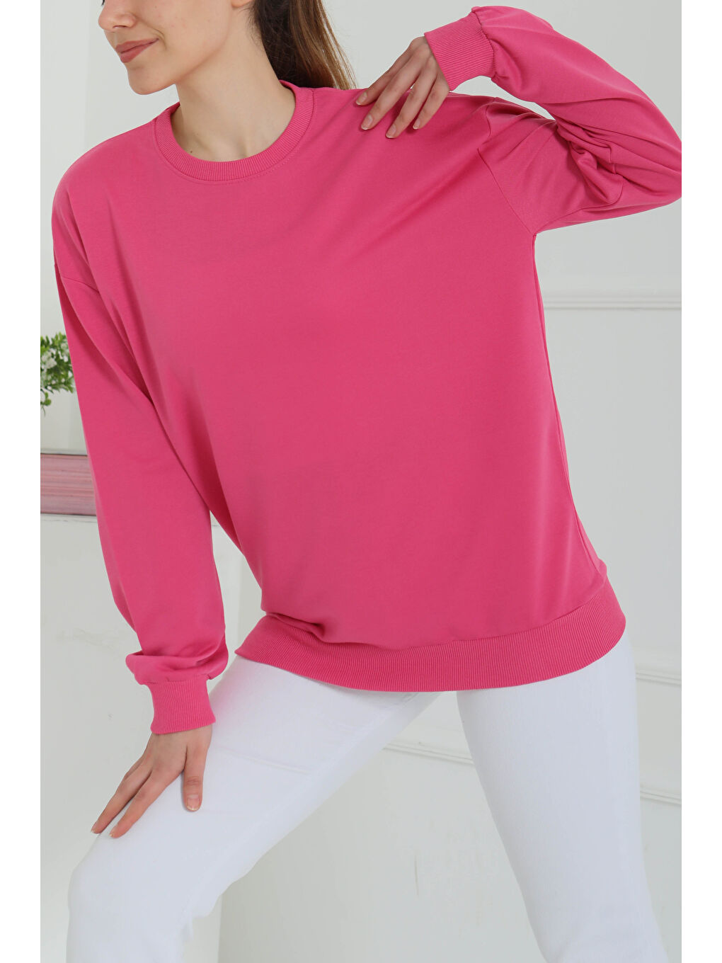 Kadın Bisiklet Yaka Oversize Sweatshirt Fuşya - 26567-1