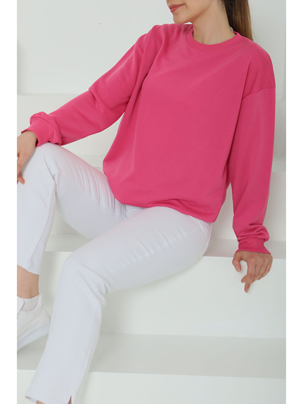 Kadın Bisiklet Yaka Oversize Sweatshirt Fuşya - 26567-2