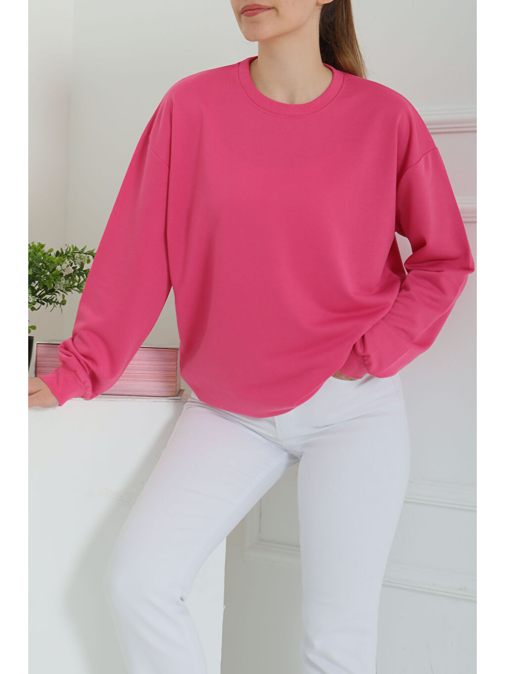 Kadın Bisiklet Yaka Oversize Sweatshirt Fuşya - 26567-3