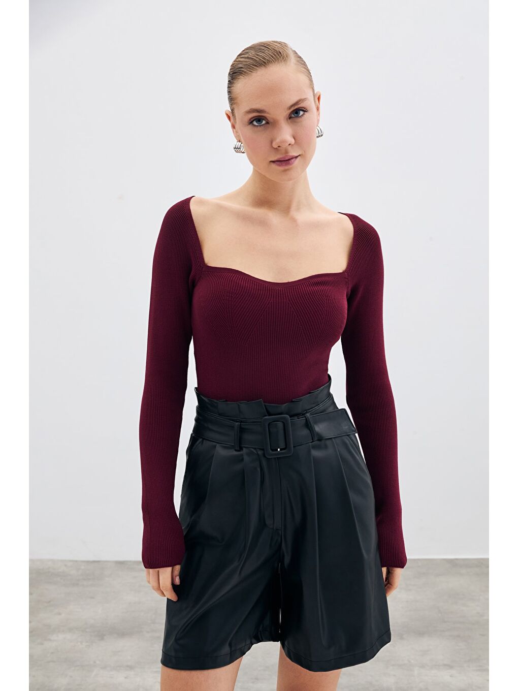 LCW Casual Kalp Yaka Triko Bluz - Bordo
