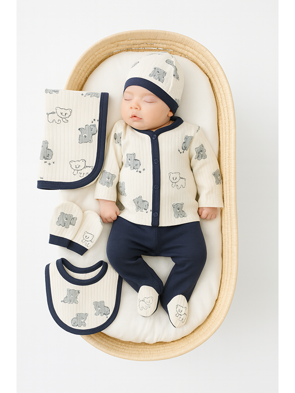 Gri Erkek Bebek Ayıcıklı Battaniyeli 6lı Hastane Çıkış Seti 90*90 Tek kat Battaniye Pamuk Lüx