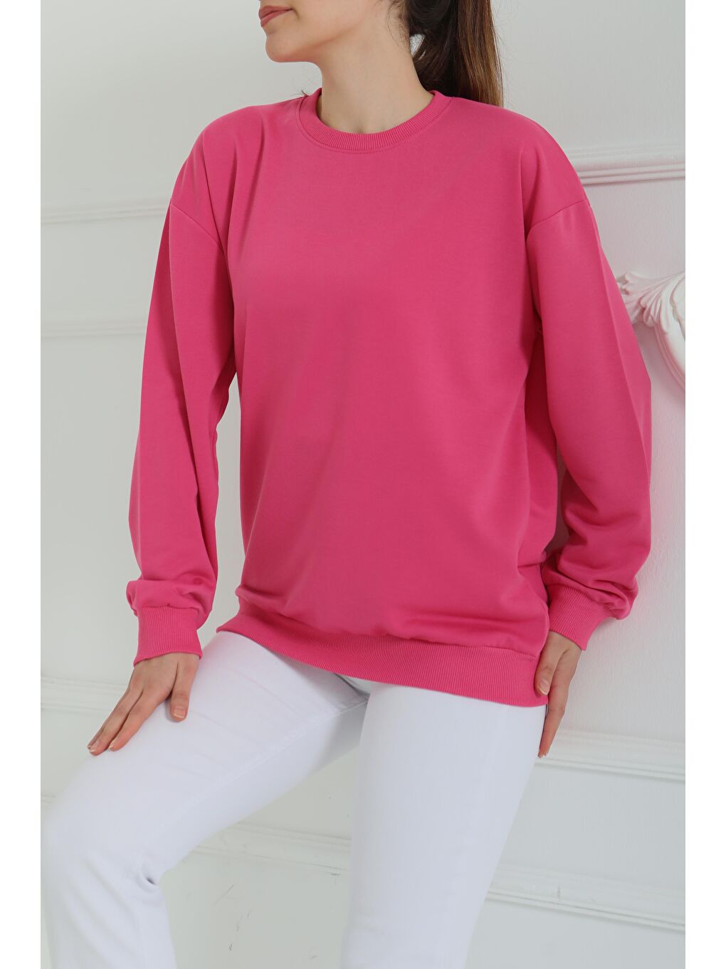 Kadın Bisiklet Yaka Oversize Sweatshirt Fuşya - 26567-4
