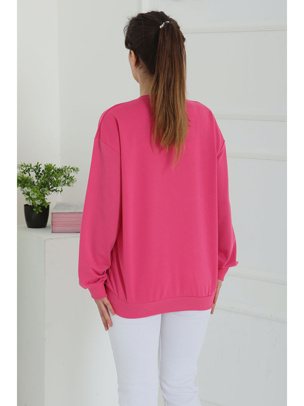 Kadın Bisiklet Yaka Oversize Sweatshirt Fuşya - 26567-5