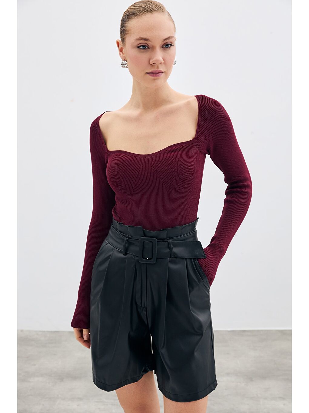 LCW Casual Kalp Yaka Triko Bluz - Bordo - 1