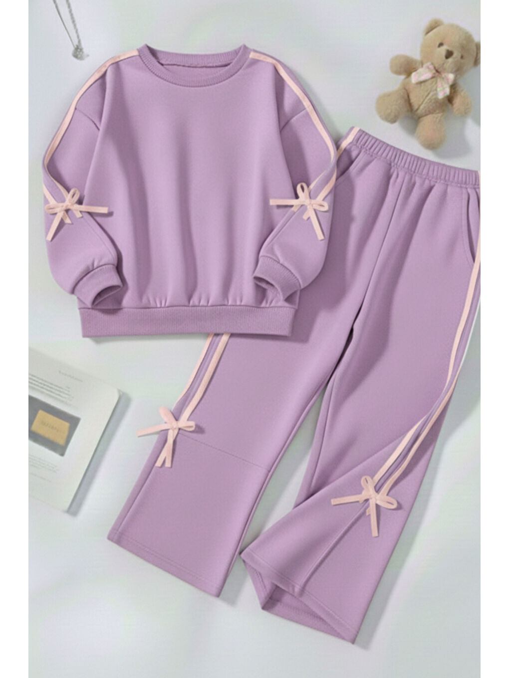 Lila Kız Çocuk Çift Şerit Kurdele Üç İplik Eşofman Takımı 3-10 Yaş 12339-1