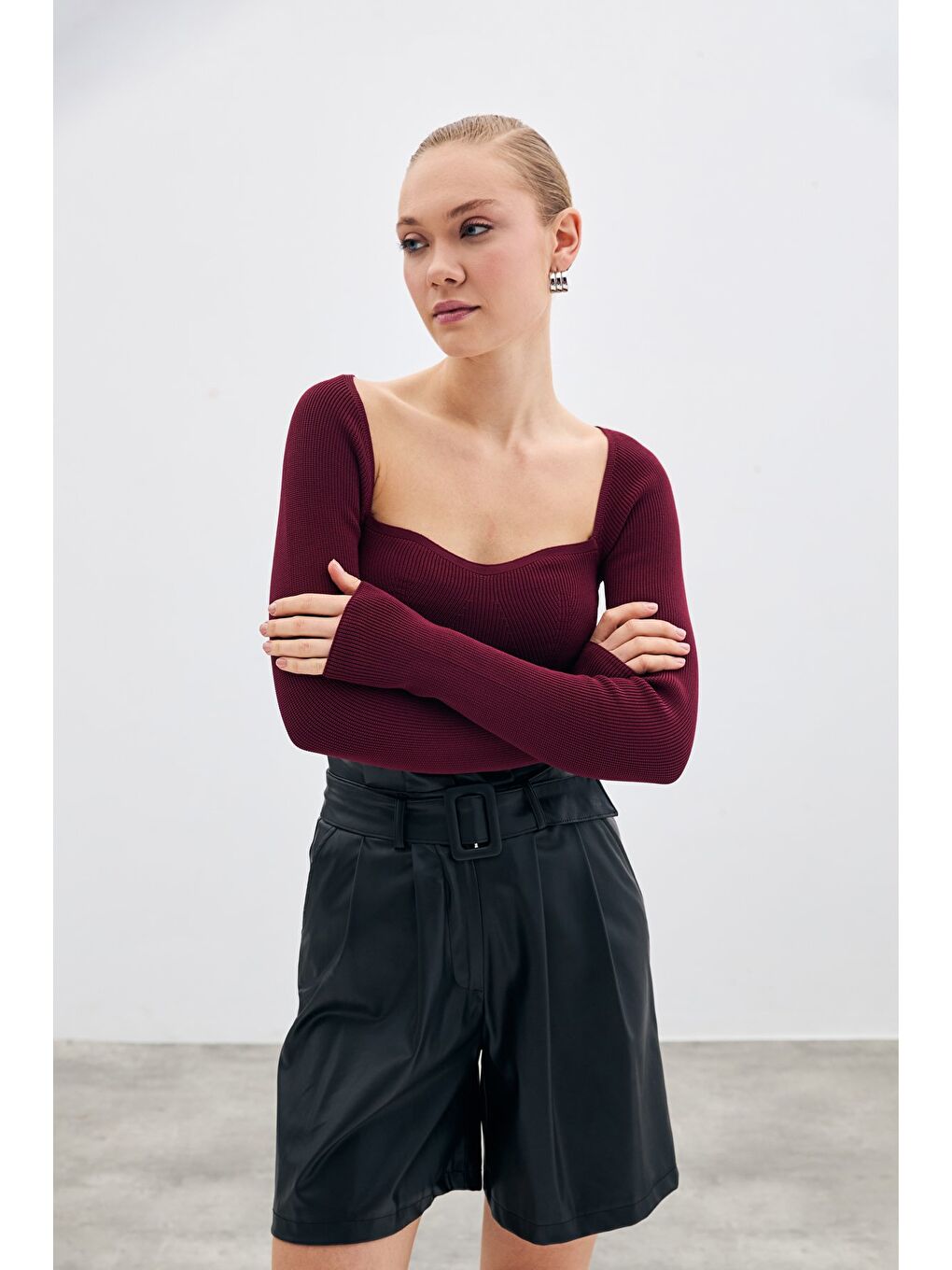 LCW Casual Kalp Yaka Triko Bluz - Bordo - 2