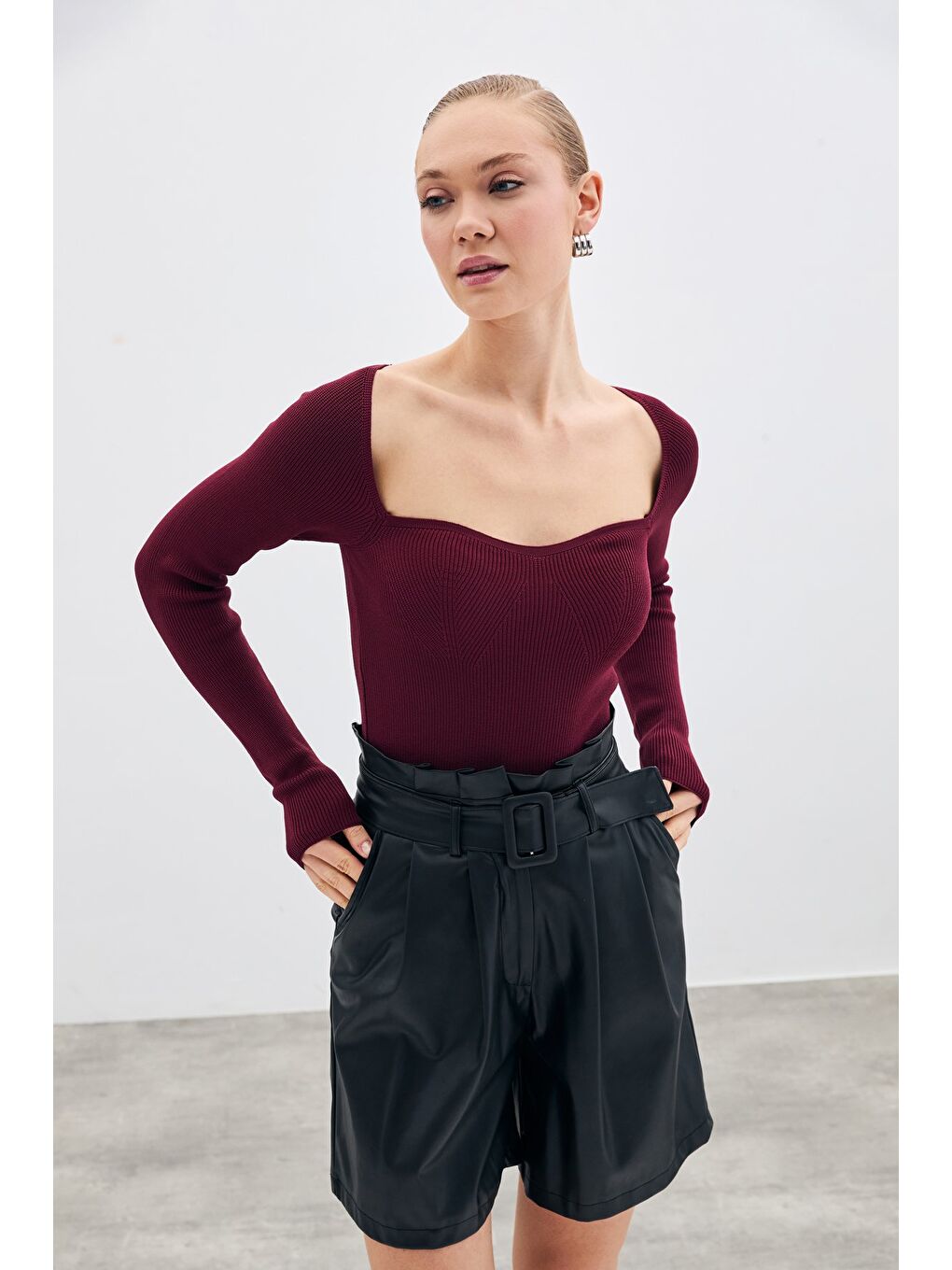 LCW Casual Kalp Yaka Triko Bluz - Bordo - 3