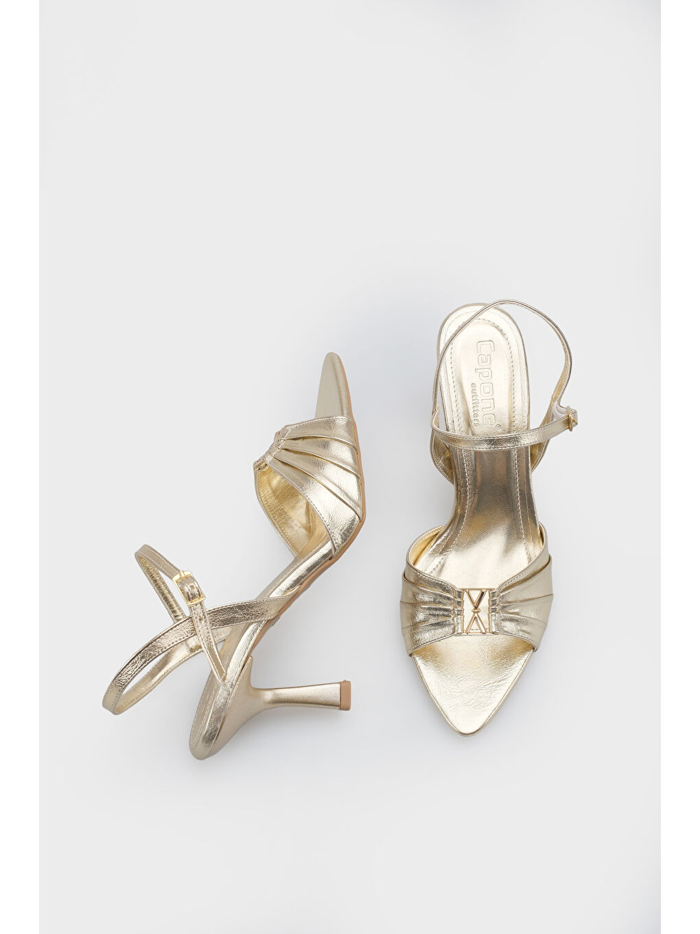 Sarı Belvia Sivri Burunlu Metalik Bilekten Bantlı Orta Topuklu Kadın Ayakkabı-4