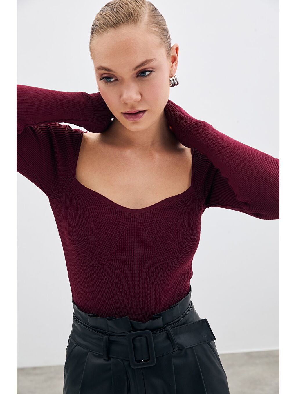 LCW Casual Kalp Yaka Triko Bluz - Bordo - 4