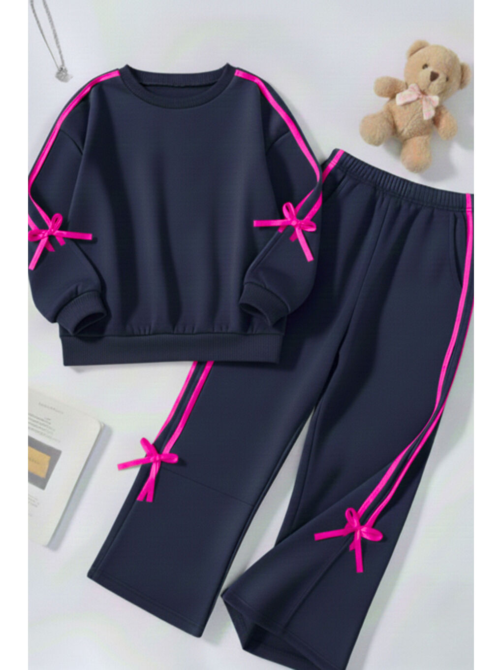 Lacivert Kız Çocuk Çift Şerit Kurdele Üç İplik Eşofman Takımı 3-10 Yaş 12336-1