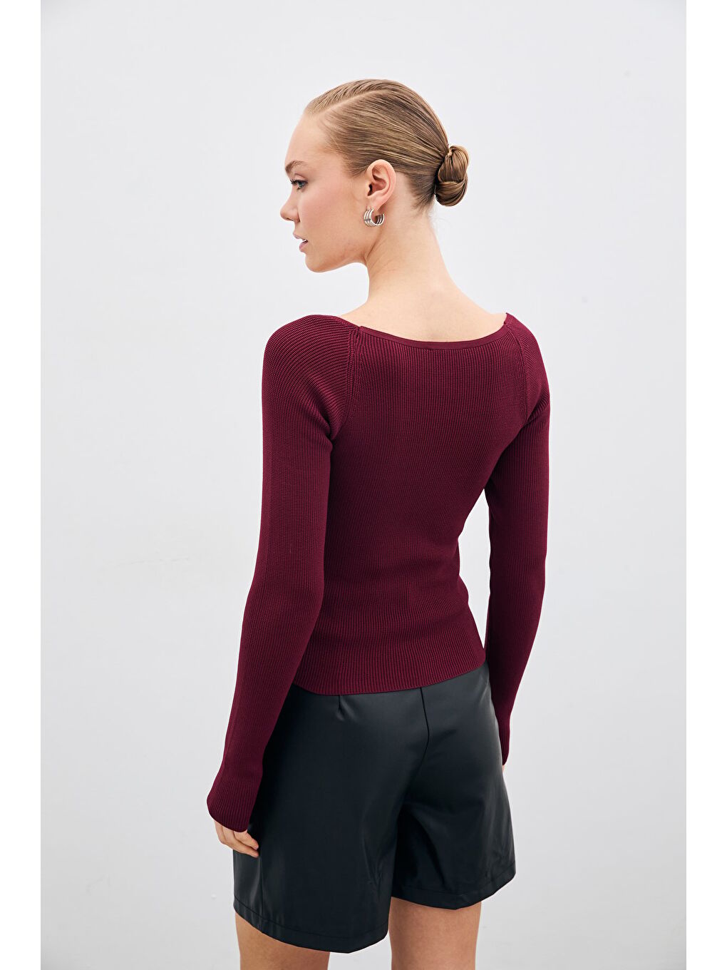LCW Casual Kalp Yaka Triko Bluz - Bordo - 5