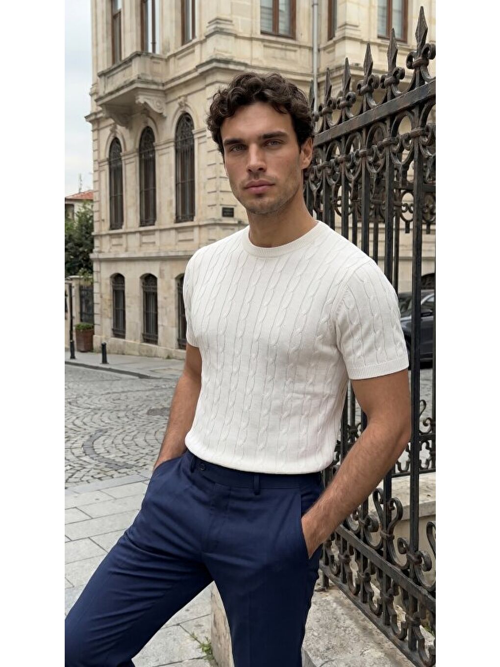 Beyaz Erkek Bisiklet Yaka Triko Tişört-1