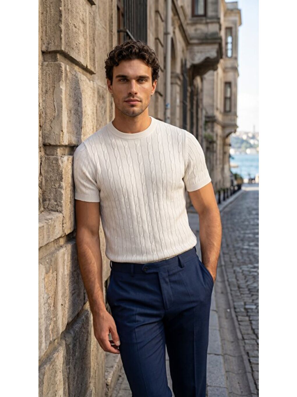 Beyaz Erkek Bisiklet Yaka Triko Tişört-2