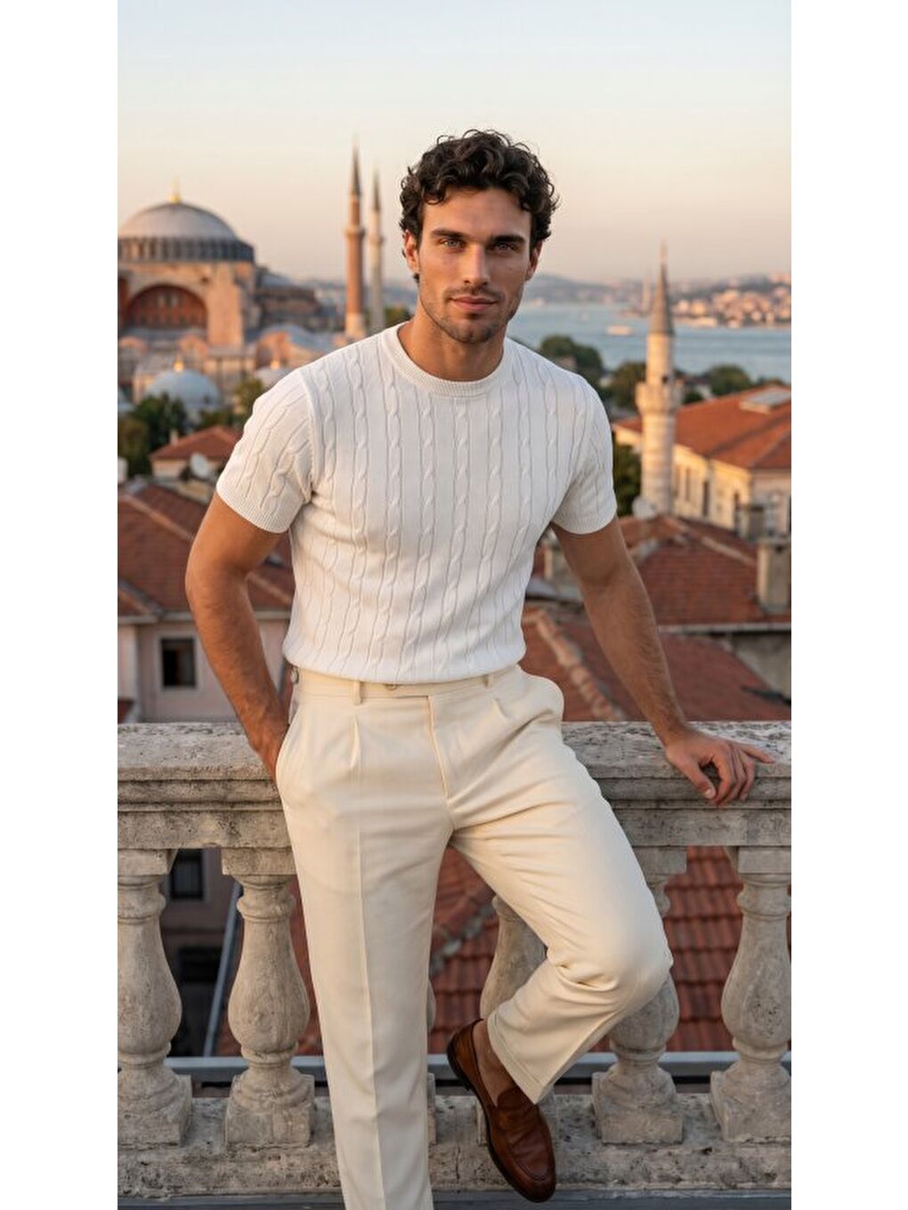 Beyaz Erkek Bisiklet Yaka Triko Tişört-3