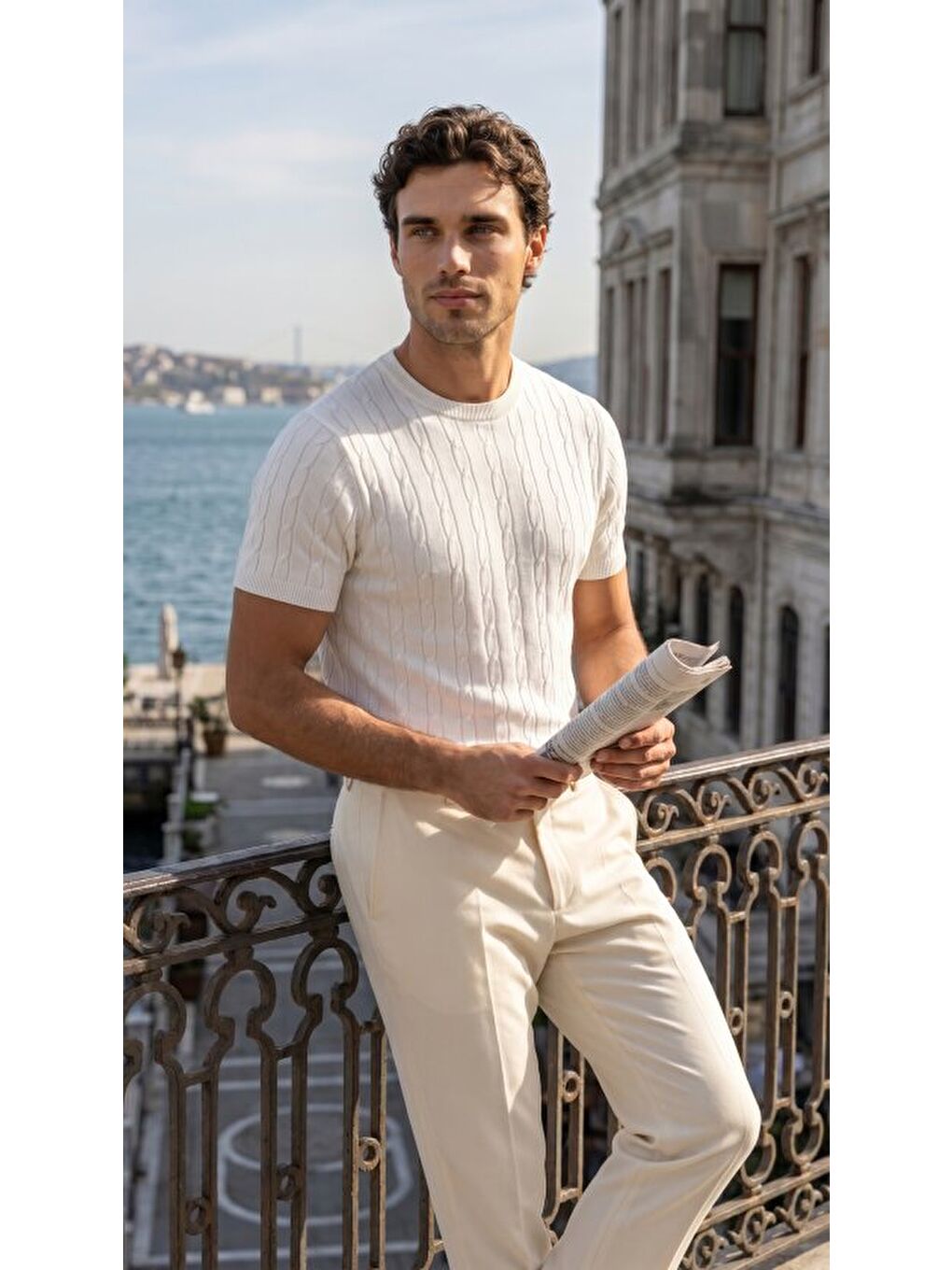 Beyaz Erkek Bisiklet Yaka Triko Tişört-4