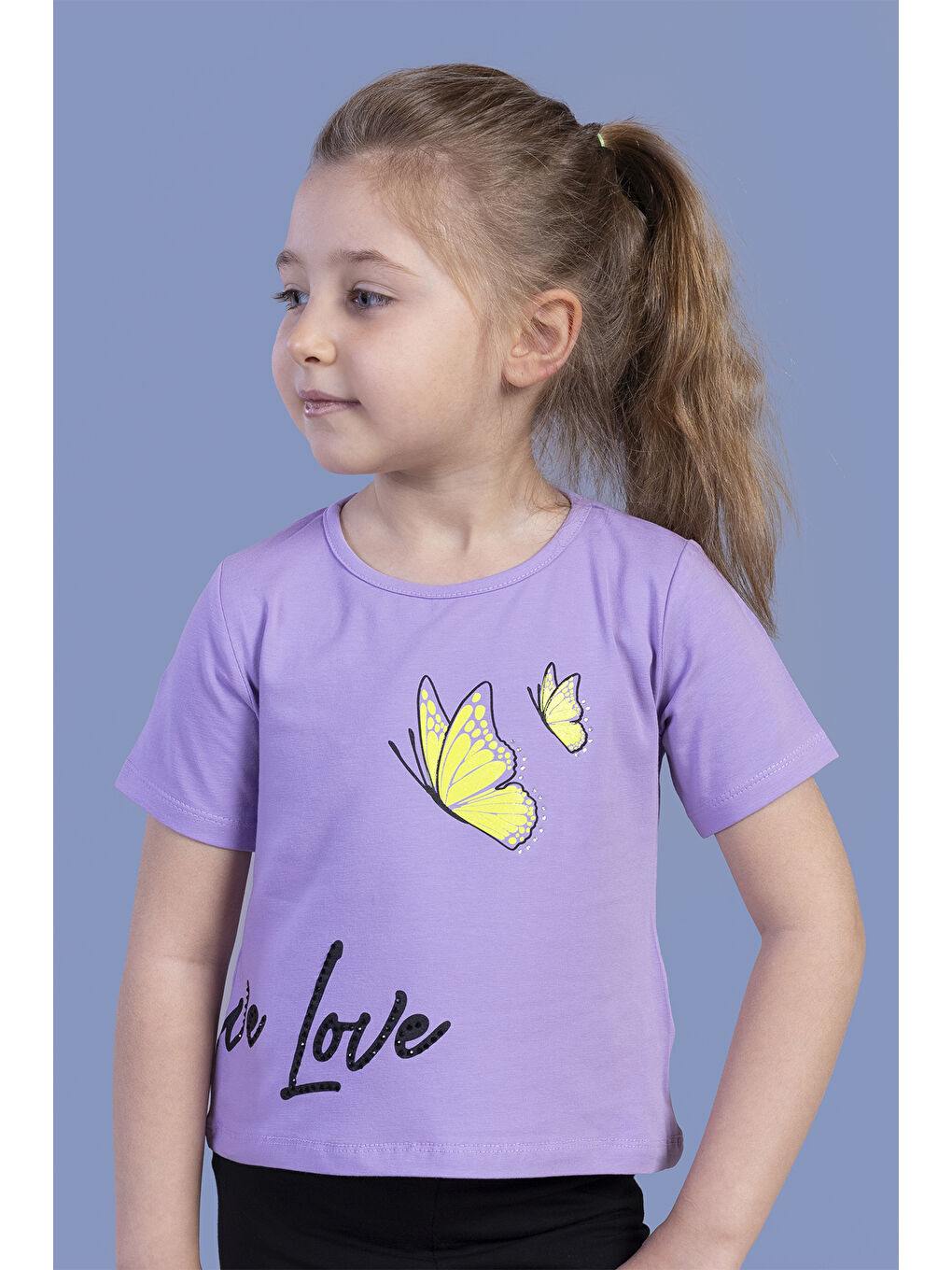 Lila Kız Çocuk Kelebek Baskılı Taş İşlemeli Tişört