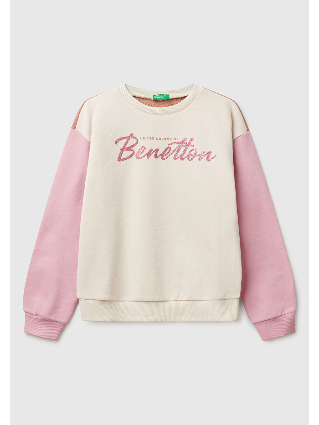 Kız Çocuk Bej Mix Simli Benetton Logo Baskılı Bisiklet Yaka Sweatshirt