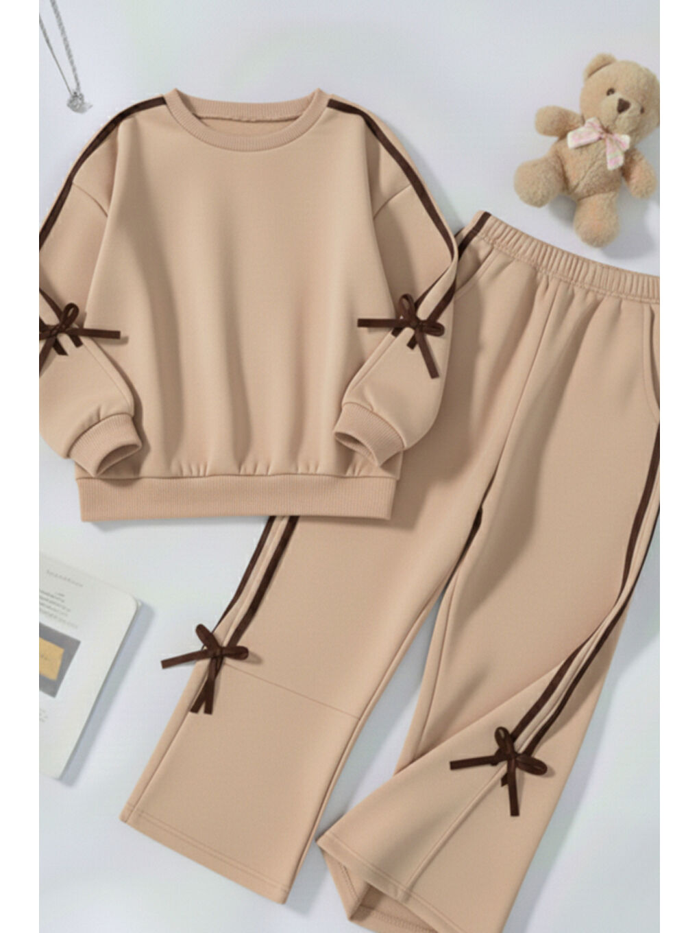 Bej Kız Çocuk Çift Şerit Kurdele Üç İplik Eşofman Takımı 3-10 Yaş 12337-1