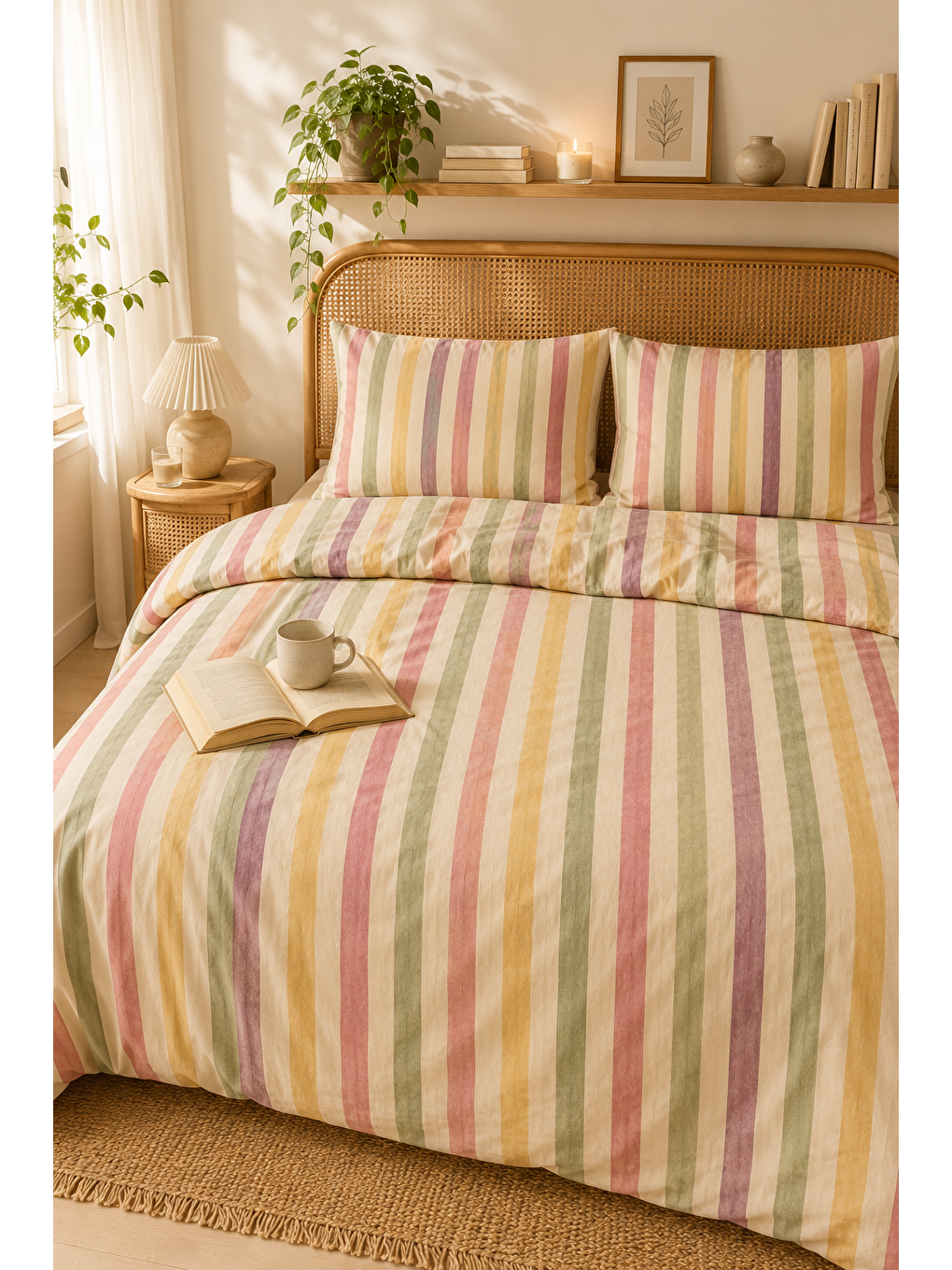 Karışık Çok Renkli Çizgili Nevresim Seti 200x220 Modern Soft Renkli Çift Kişilik Yorgan Kılıfı-3