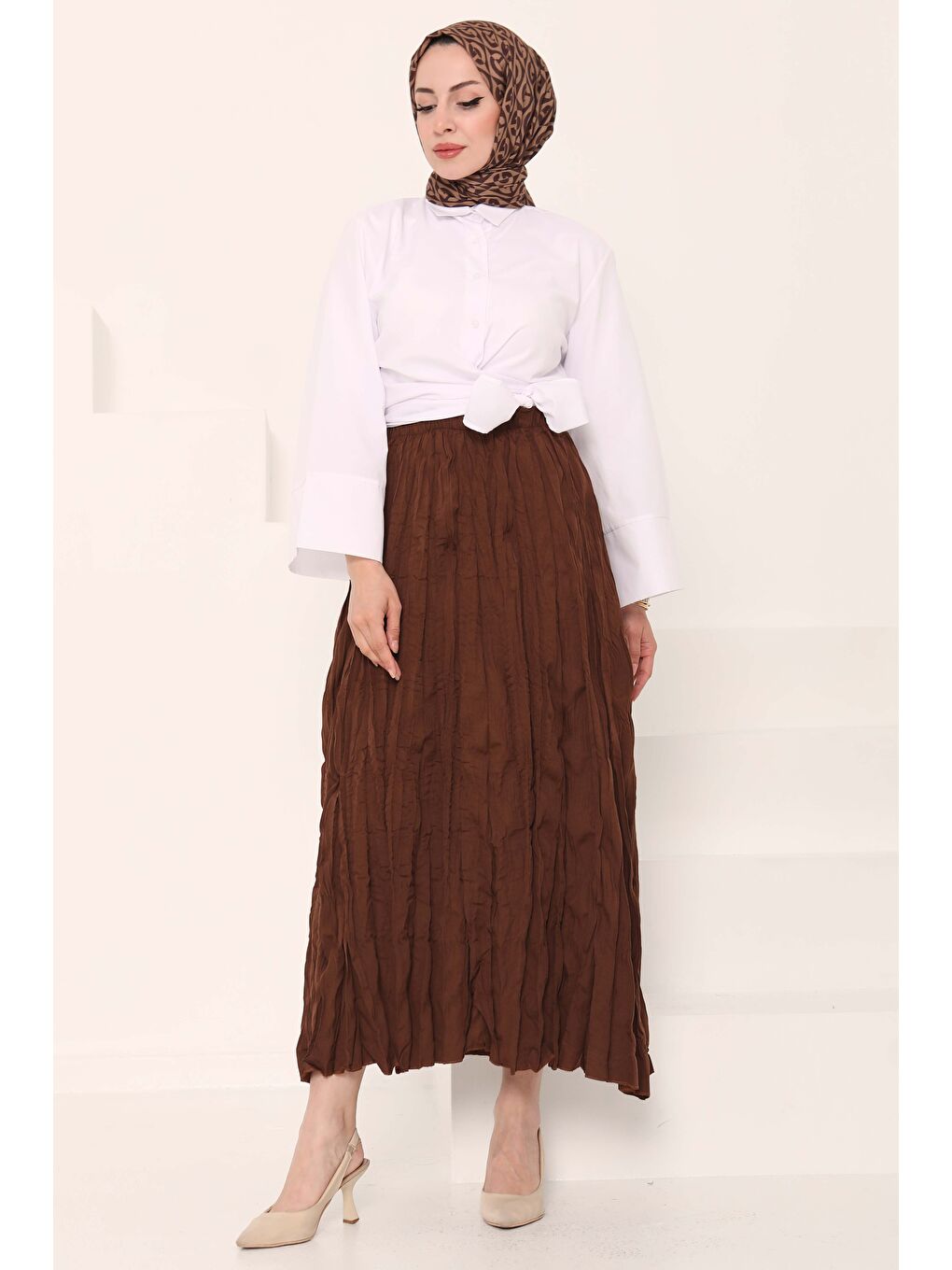 Kahverengi Beli Lastikli Kırışık Etek Kahve - 27013