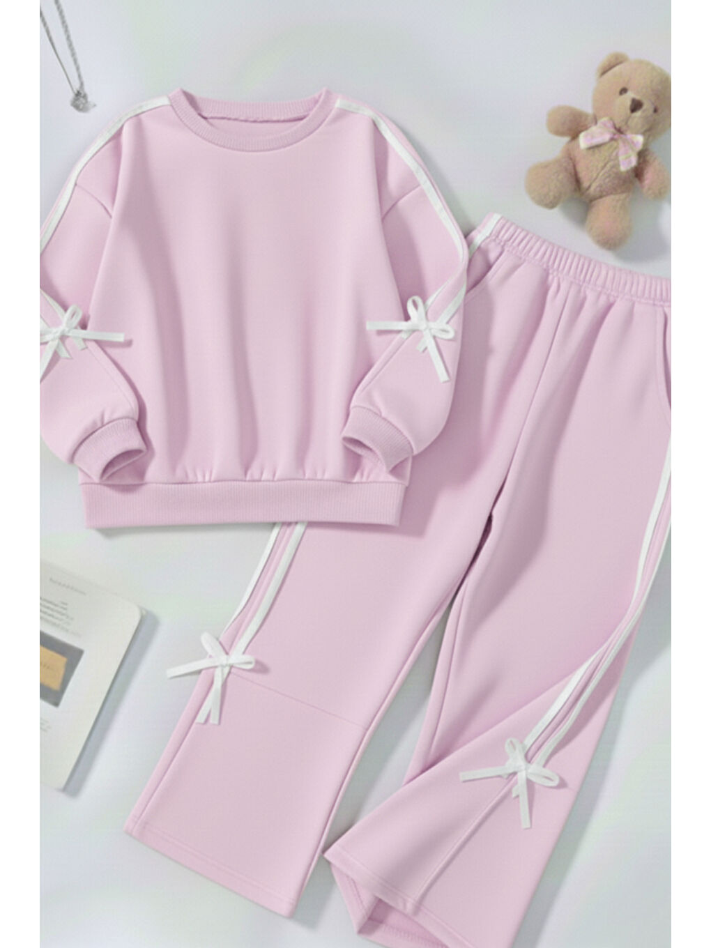 Pembe Kız Çocuk Çift Şerit Kurdele Üç İplik Eşofman Takımı 3-10 Yaş 12338-1