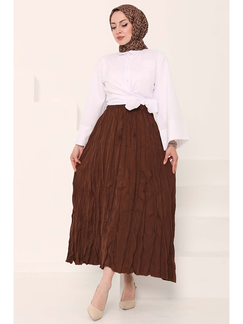 Kahverengi Beli Lastikli Kırışık Etek Kahve - 27013-1