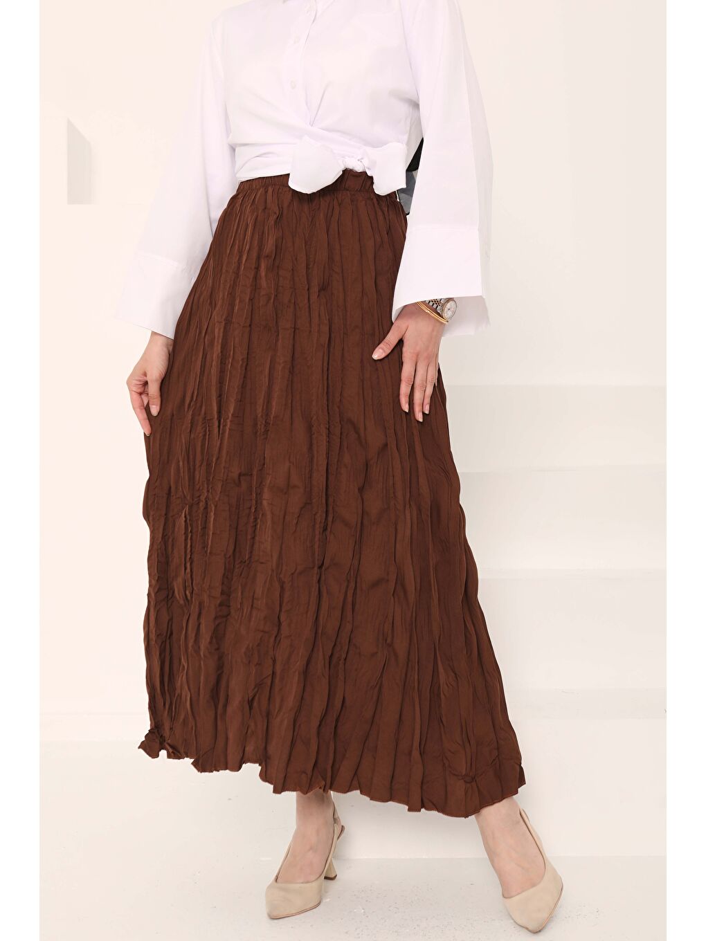 Kahverengi Beli Lastikli Kırışık Etek Kahve - 27013-2
