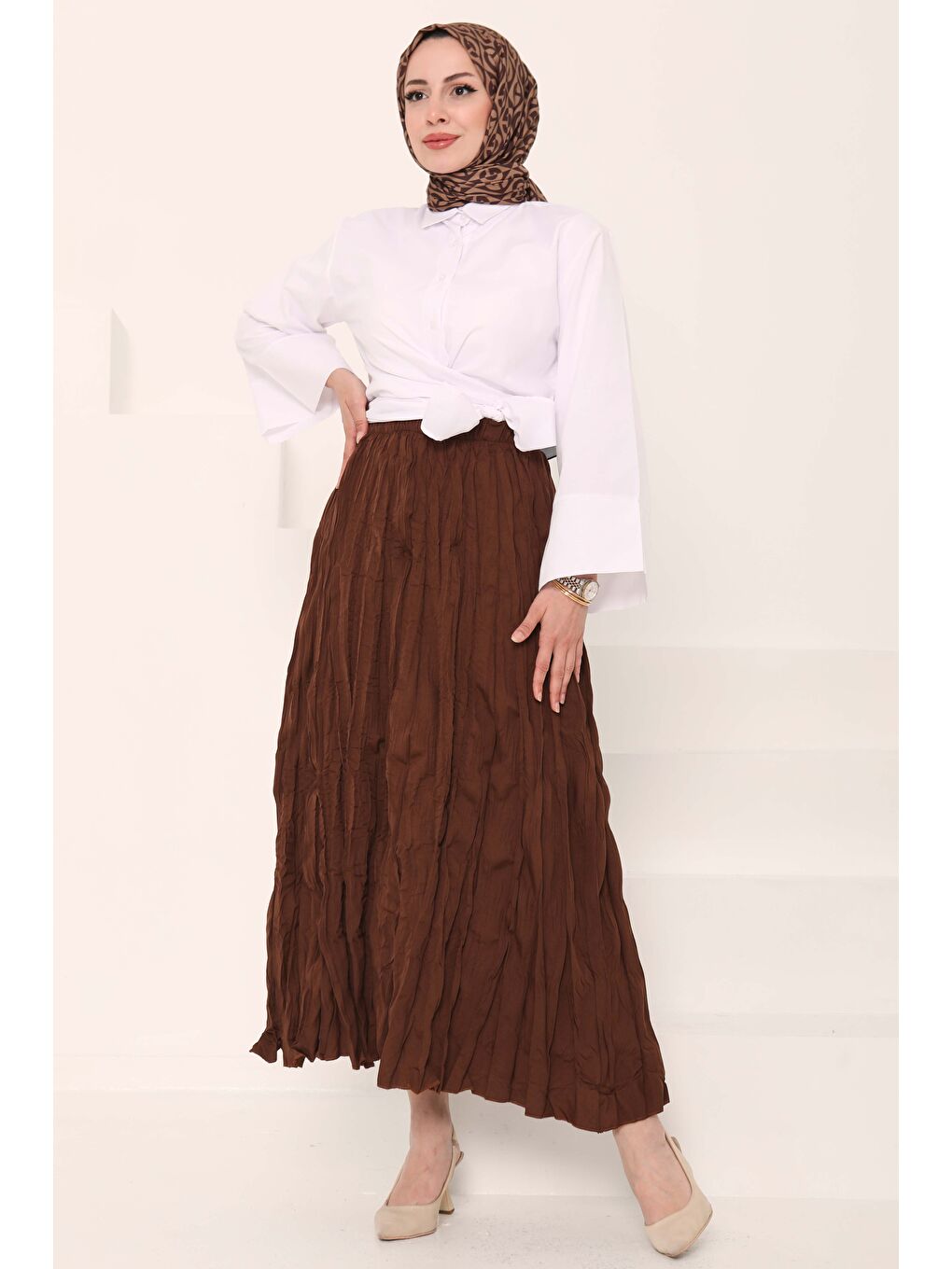 Kahverengi Beli Lastikli Kırışık Etek Kahve - 27013-3