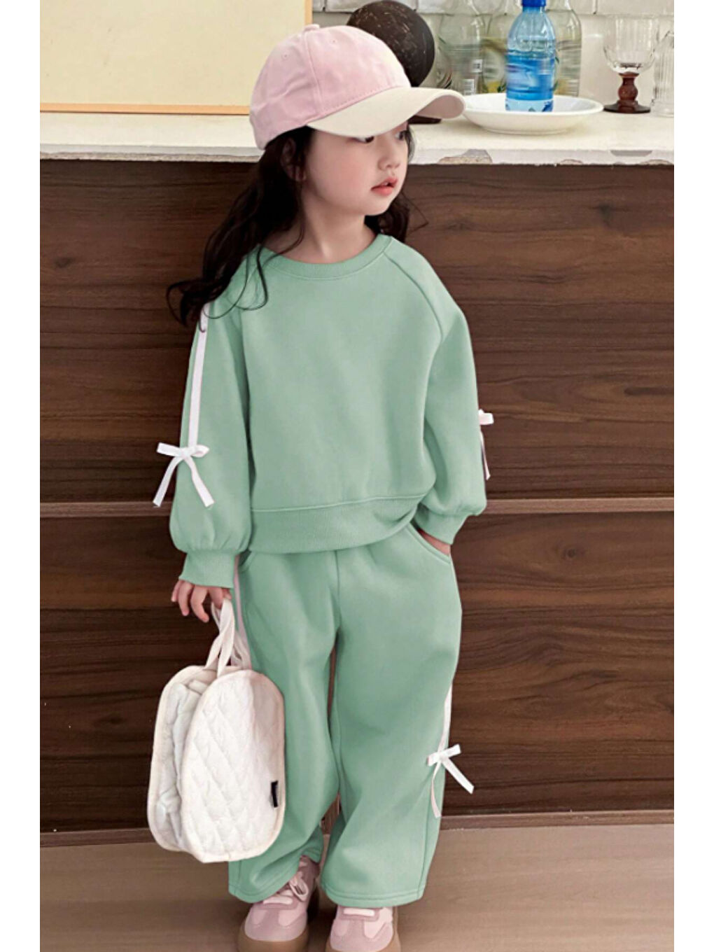 Yeşil Kız Çocuk Çift Şerit Kurdele Üç İplik Eşofman Takımı 3-10 Yaş 12333-1