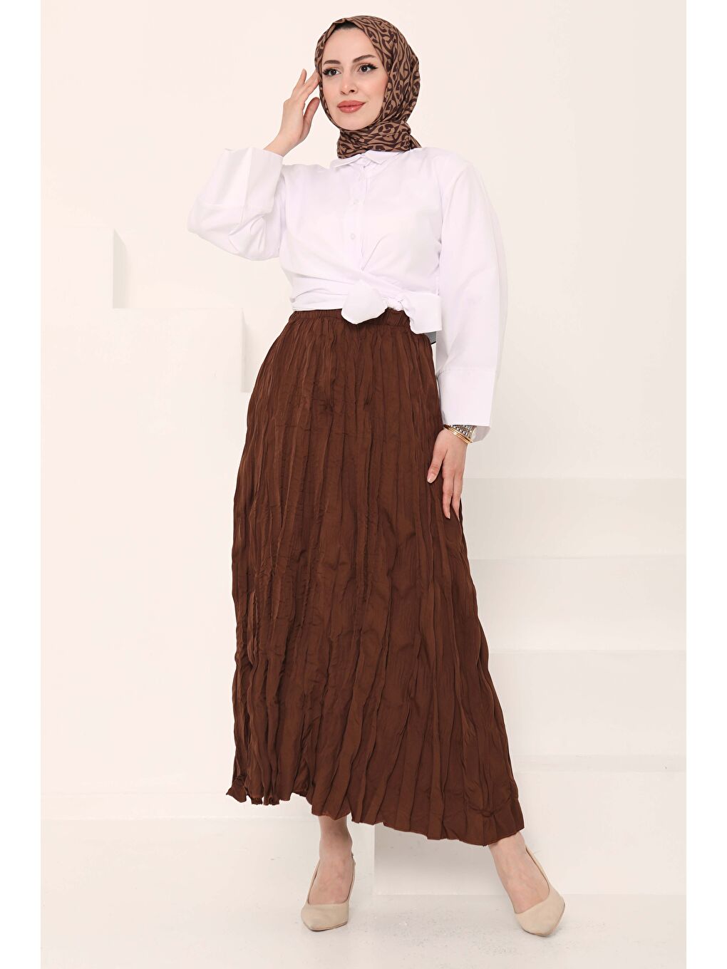 Kahverengi Beli Lastikli Kırışık Etek Kahve - 27013-4