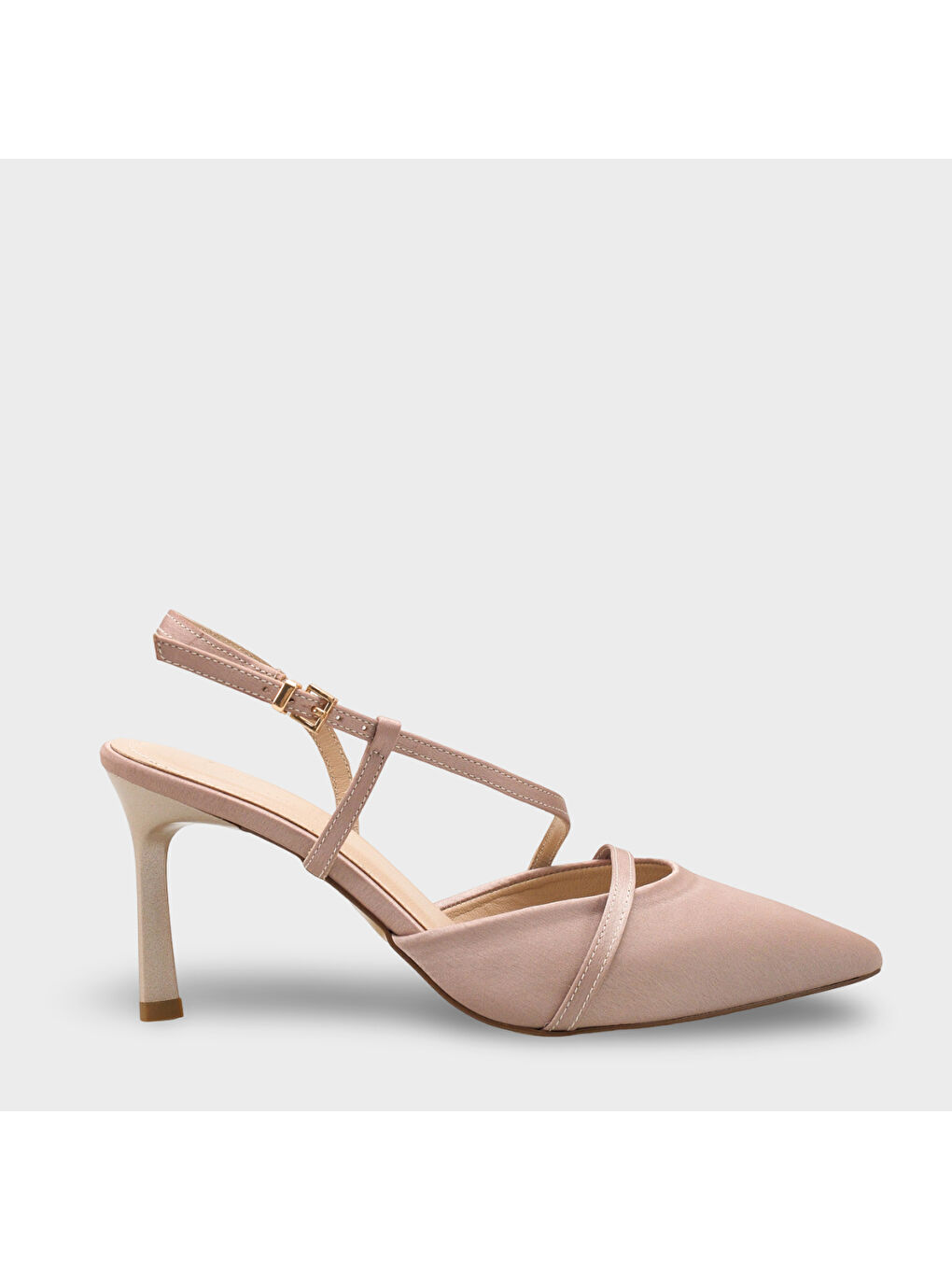 Bej Jodee Hakiki Deri Astarlı Sivri Burunlu Orta Topuklu Saten Arkası Açık Kadın Ayakkabı