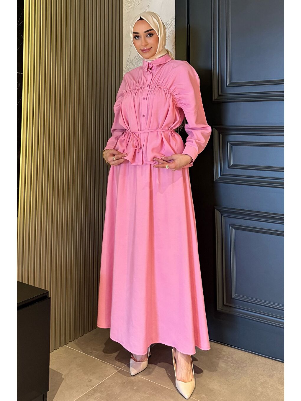 Pembe Kadın Büzgü Detaylı Bel Bağlamalı Tunik Etek İkili Takım