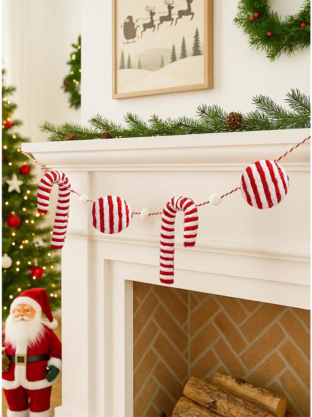 Yılbaşı Dekor Süsleri Baston Şeker Top Figürlü Garland Kırmızı Beyaz 180 cm