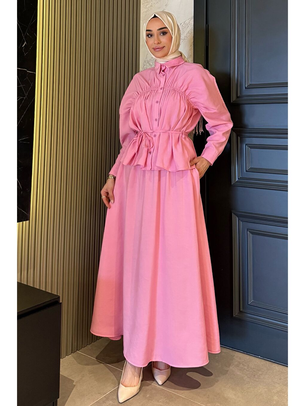 Pembe Kadın Büzgü Detaylı Bel Bağlamalı Tunik Etek İkili Takım-2