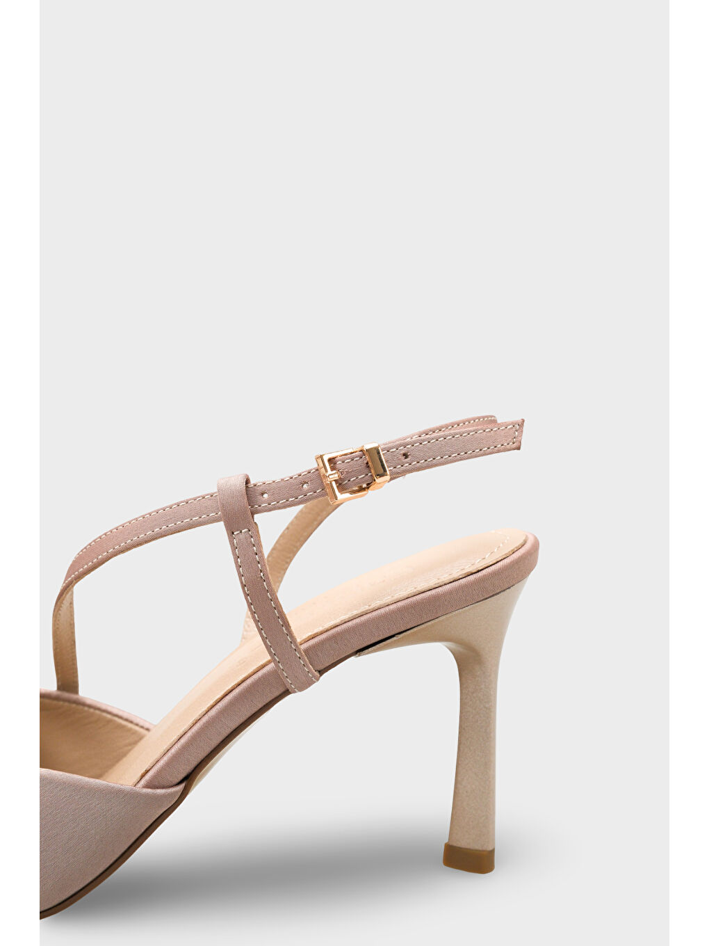 Bej Jodee Hakiki Deri Astarlı Sivri Burunlu Orta Topuklu Saten Arkası Açık Kadın Ayakkabı-3