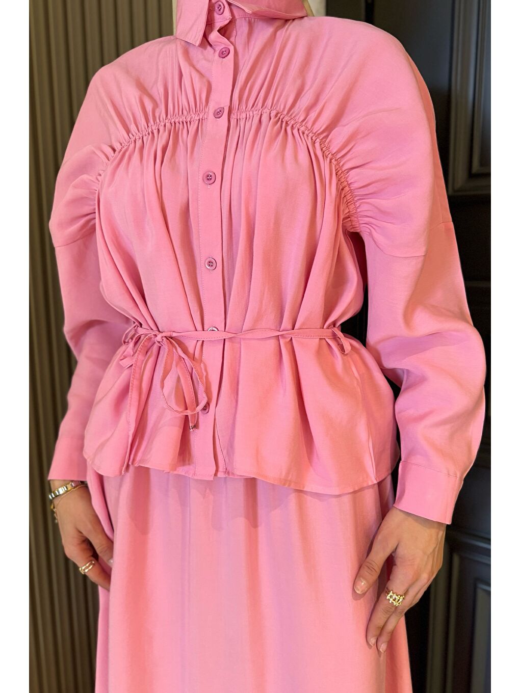 Pembe Kadın Büzgü Detaylı Bel Bağlamalı Tunik Etek İkili Takım-4