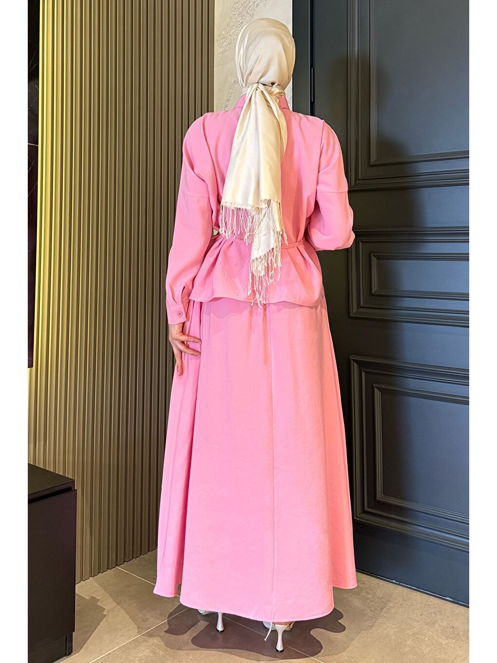 Pembe Kadın Büzgü Detaylı Bel Bağlamalı Tunik Etek İkili Takım-7