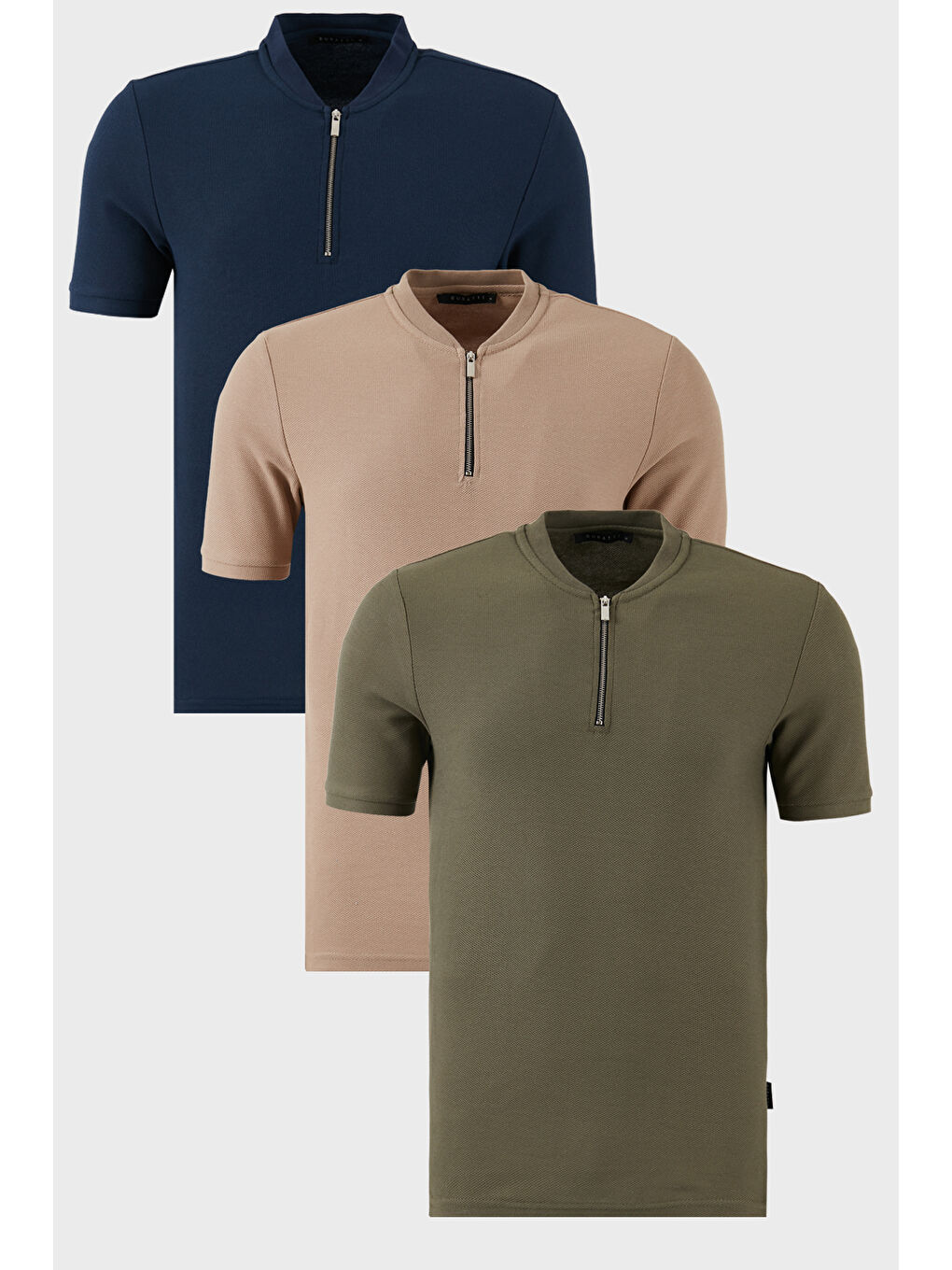 Haki Pamuklu Regular Fit Yarım Fermuarlı Kolej Yaka 3'lü Paket Tişört 5902653S3