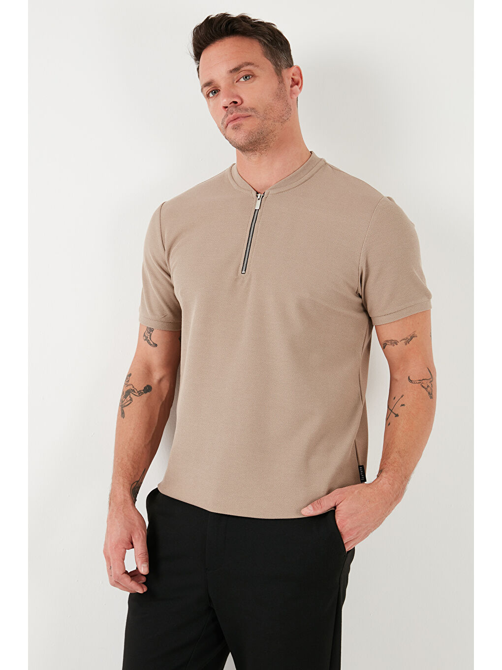 Haki Pamuklu Regular Fit Yarım Fermuarlı Kolej Yaka 3'lü Paket Tişört 5902653S3-2