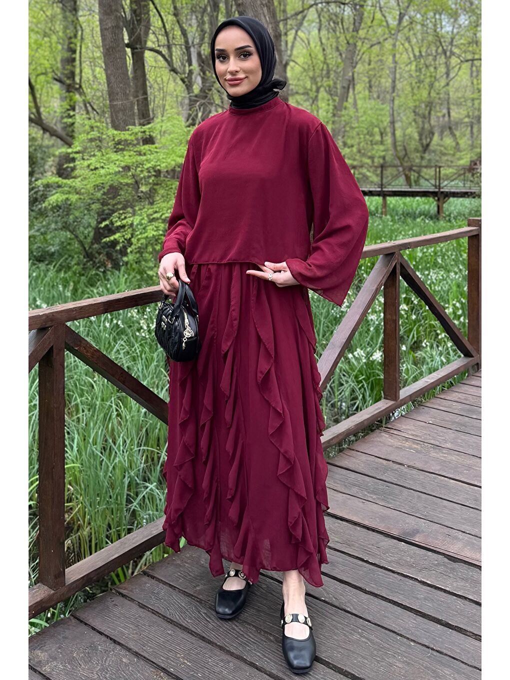 Bordo Astarlı Fırfır Detaylı Şifon Etek Bluz İkili Takım-1