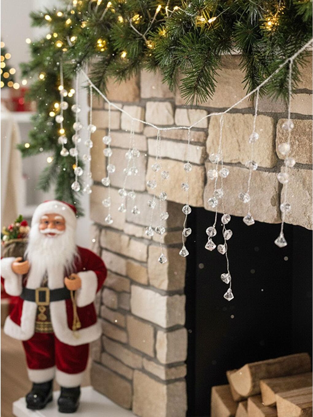 Renksiz Yılbaşı Dekor Süsleri Lüks Kristal Işıltı Boncuklu Garland 110 cm