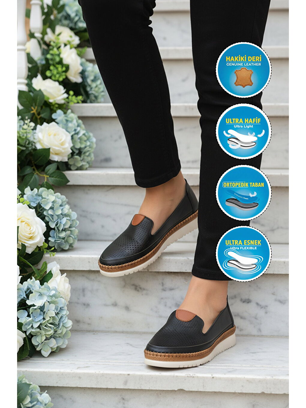 Siyah Hakiki Deri Ortopedik Kadın Casual Ayakkabı 700 Z-2