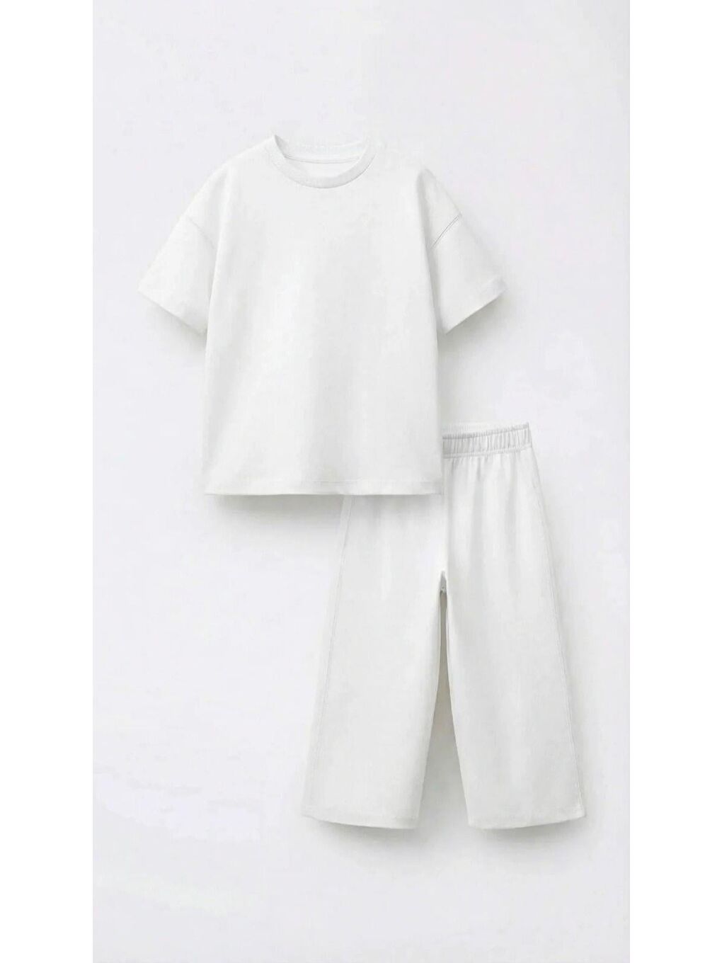 Beyaz Kız Çocuk Pamuklu Basic Takım - Kısa Kollu T-Shirt Ve Bol Paça Pantolon