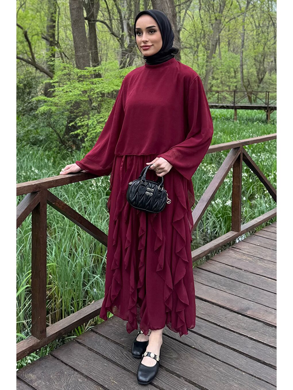 Bordo Astarlı Fırfır Detaylı Şifon Etek Bluz İkili Takım-3