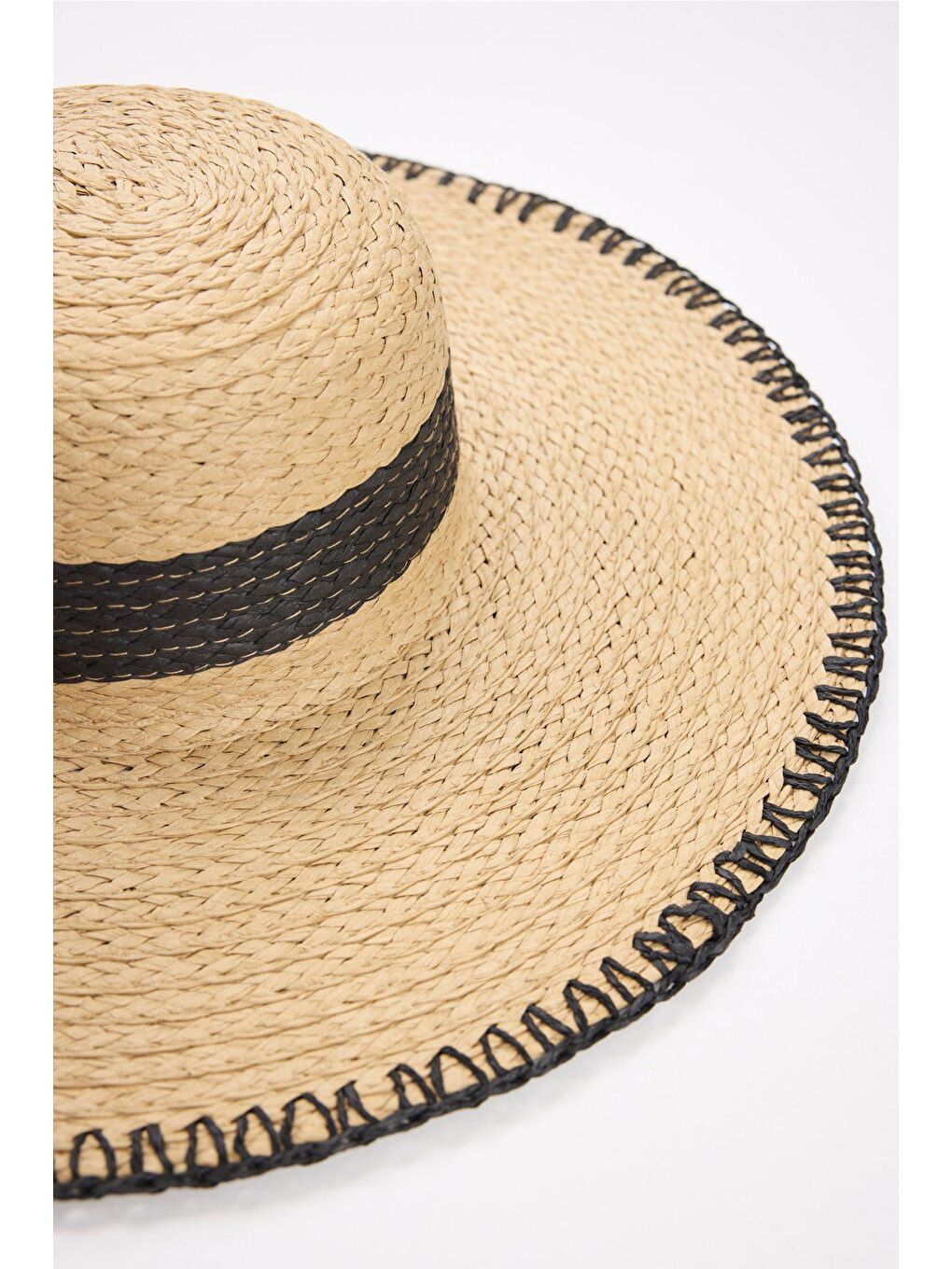 Şerit Detaylı Bej Hasır Plaj Şapkası 2042-1