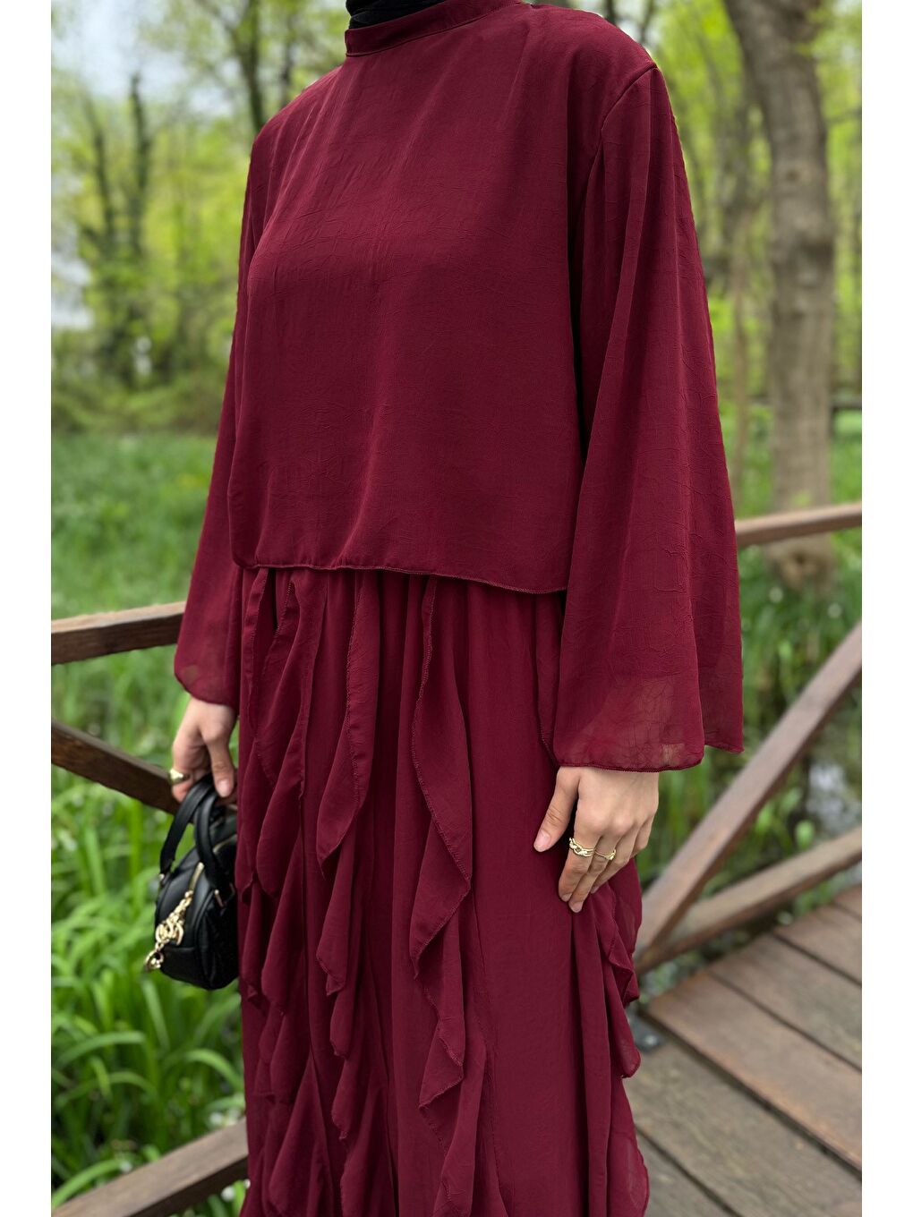 Bordo Astarlı Fırfır Detaylı Şifon Etek Bluz İkili Takım-5