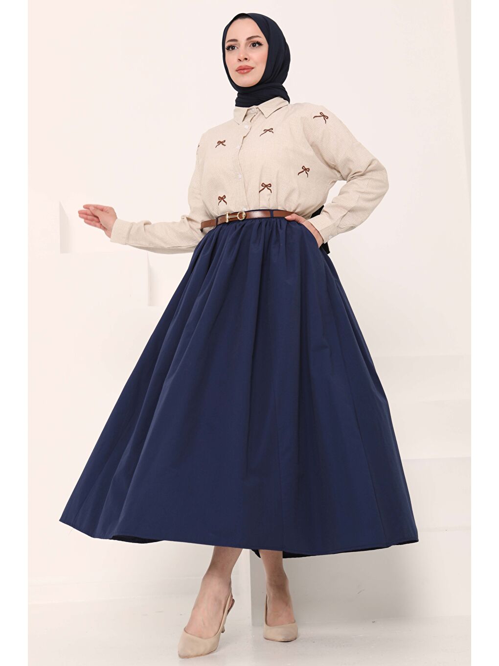 Kemerli Etek Lacivert - 27014-1