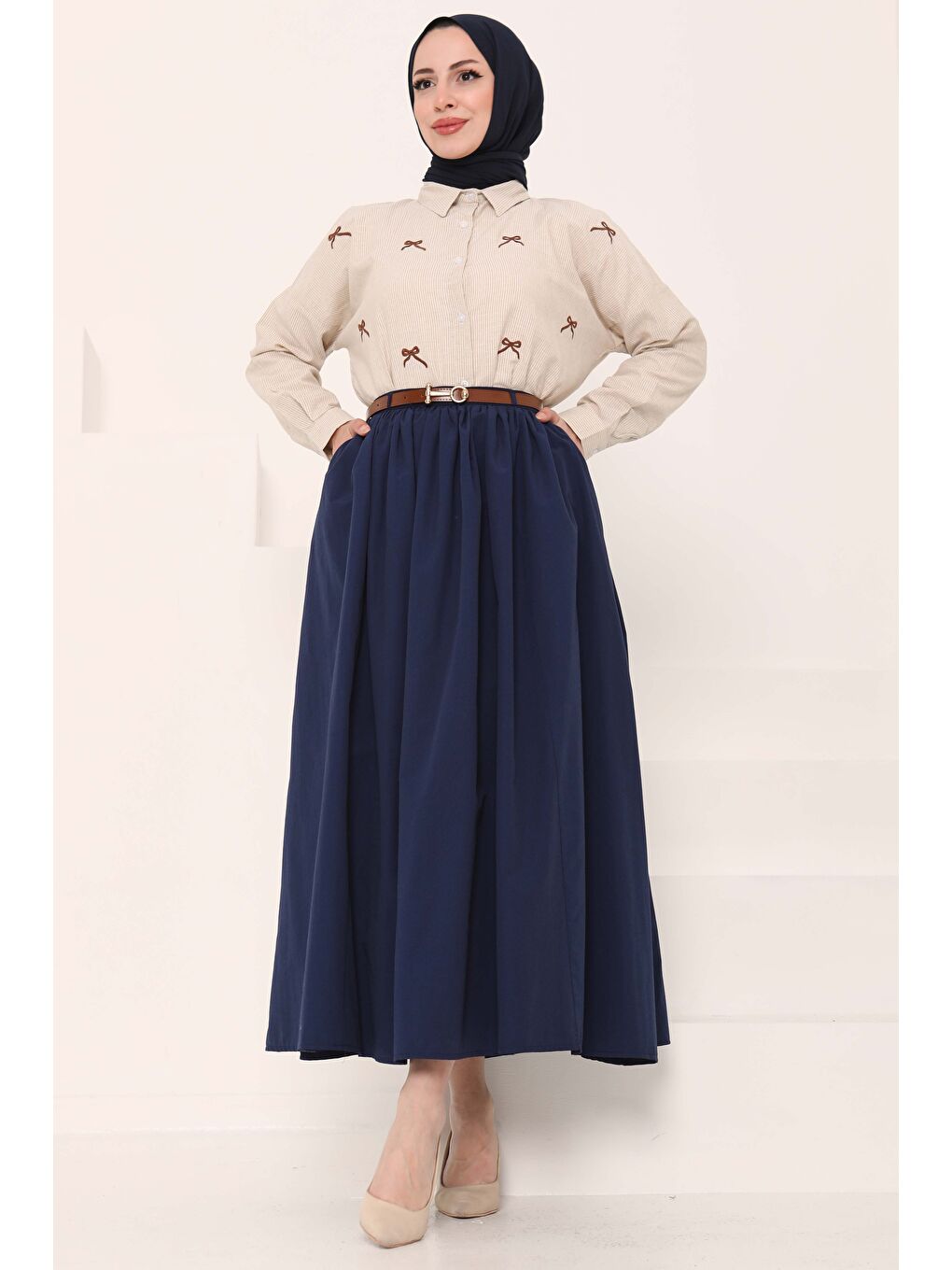 Kemerli Etek Lacivert - 27014-3